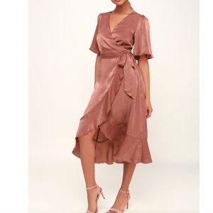 Lulu's Wrapped Up In Love Mauve Satin Faux-Wrap Midi Dress (Rose Pink XS)